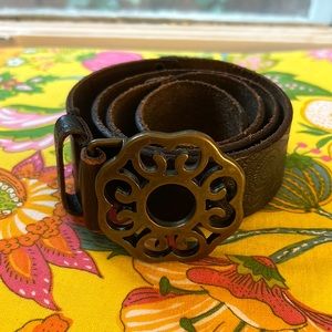 Vintage Lucky Brand studded tooled leather belt, flower buckle, boho, hippie